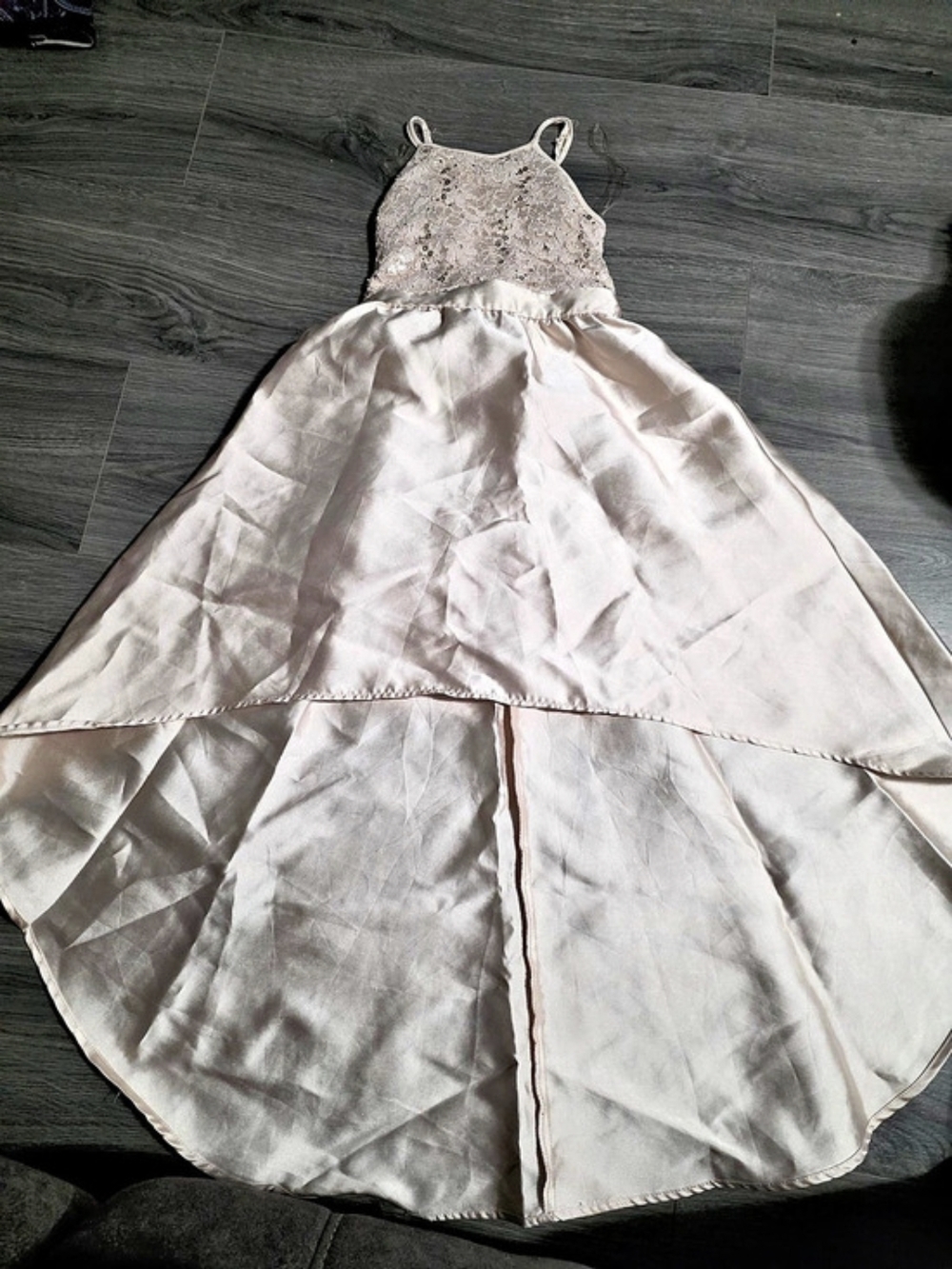 Girls formal dress. High-low. Champaign color. Sequin/lace. Size 7!